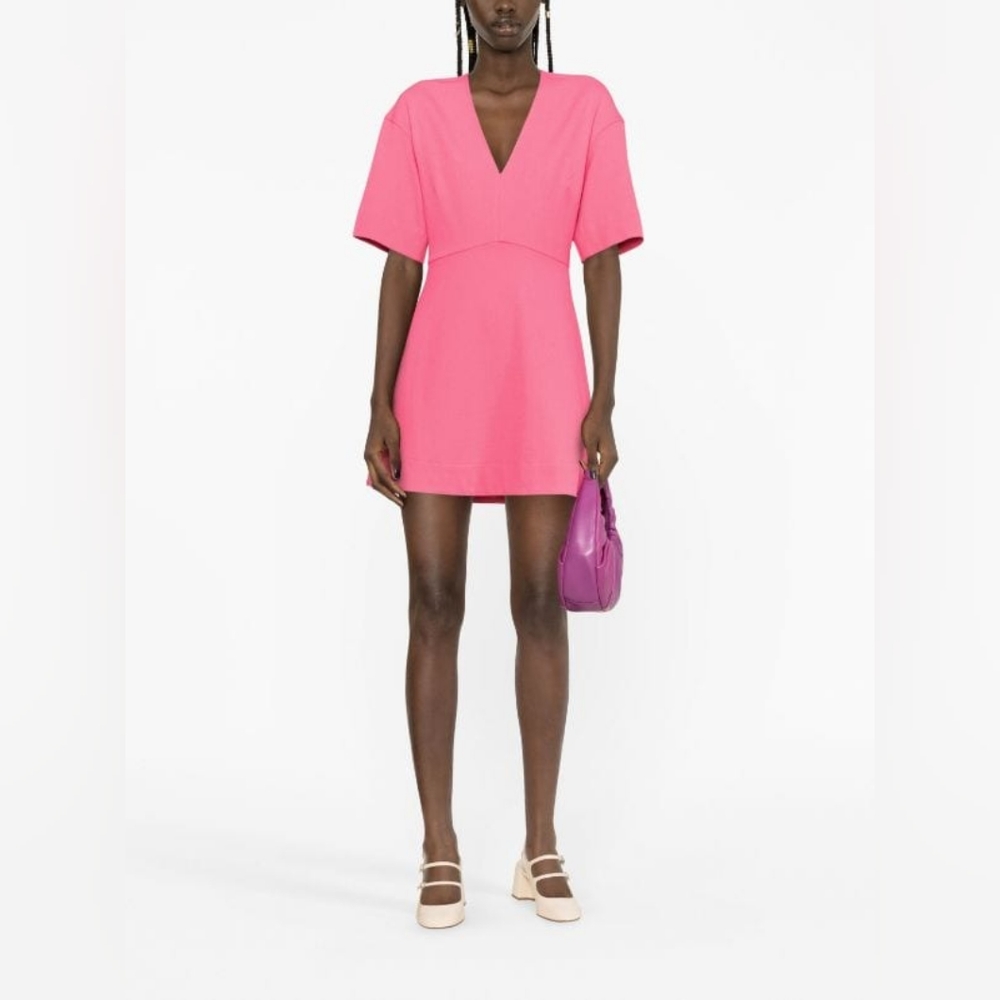 GANNI V-neck Flared Pink Stretch Viscose A-line Mini Dress EU 38 US 6 M Org $395